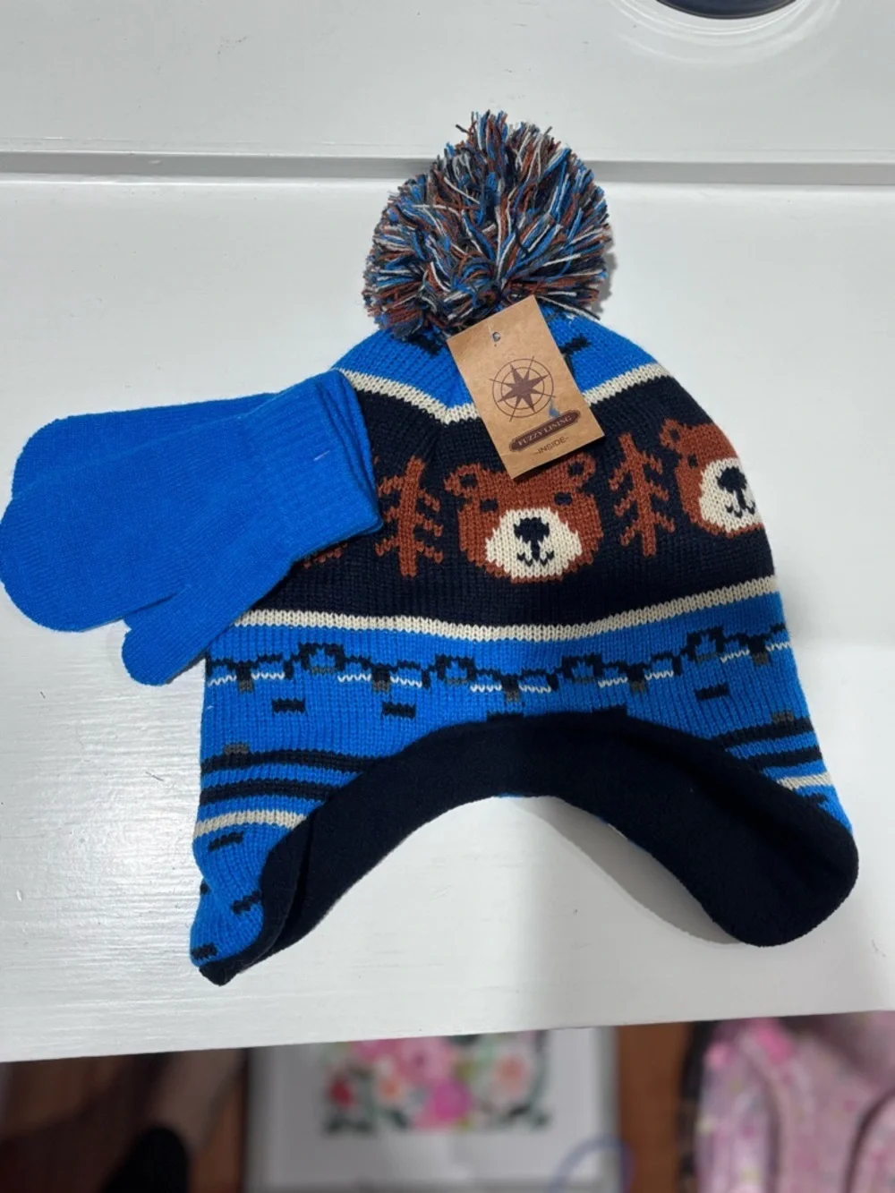 Youth Kids Blue Bear Knit Pom Beanie with Matching Mittens NWT